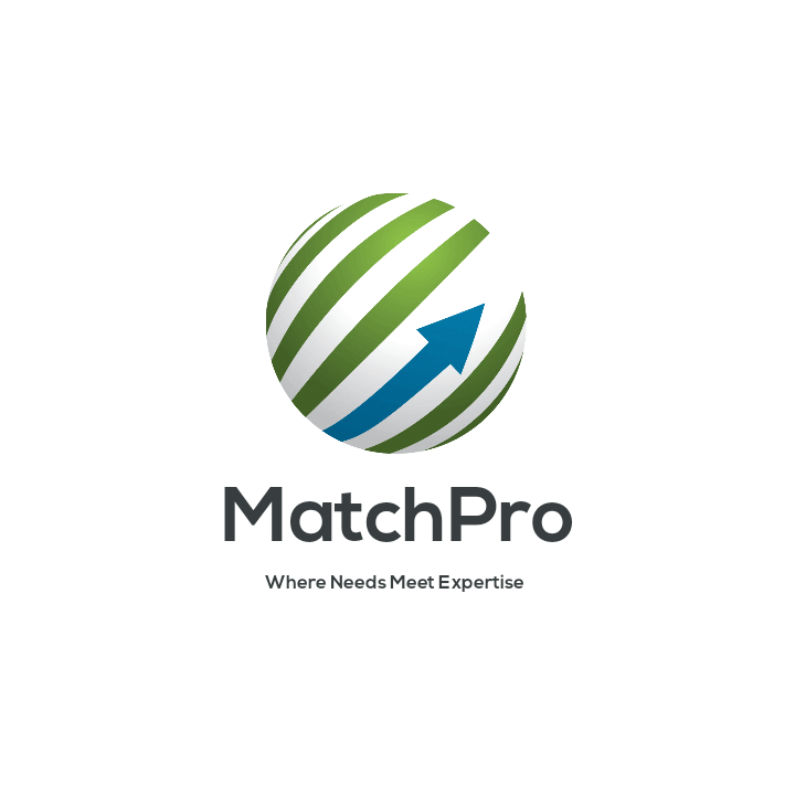 Matchpro logo. Earth ball with blue arrow